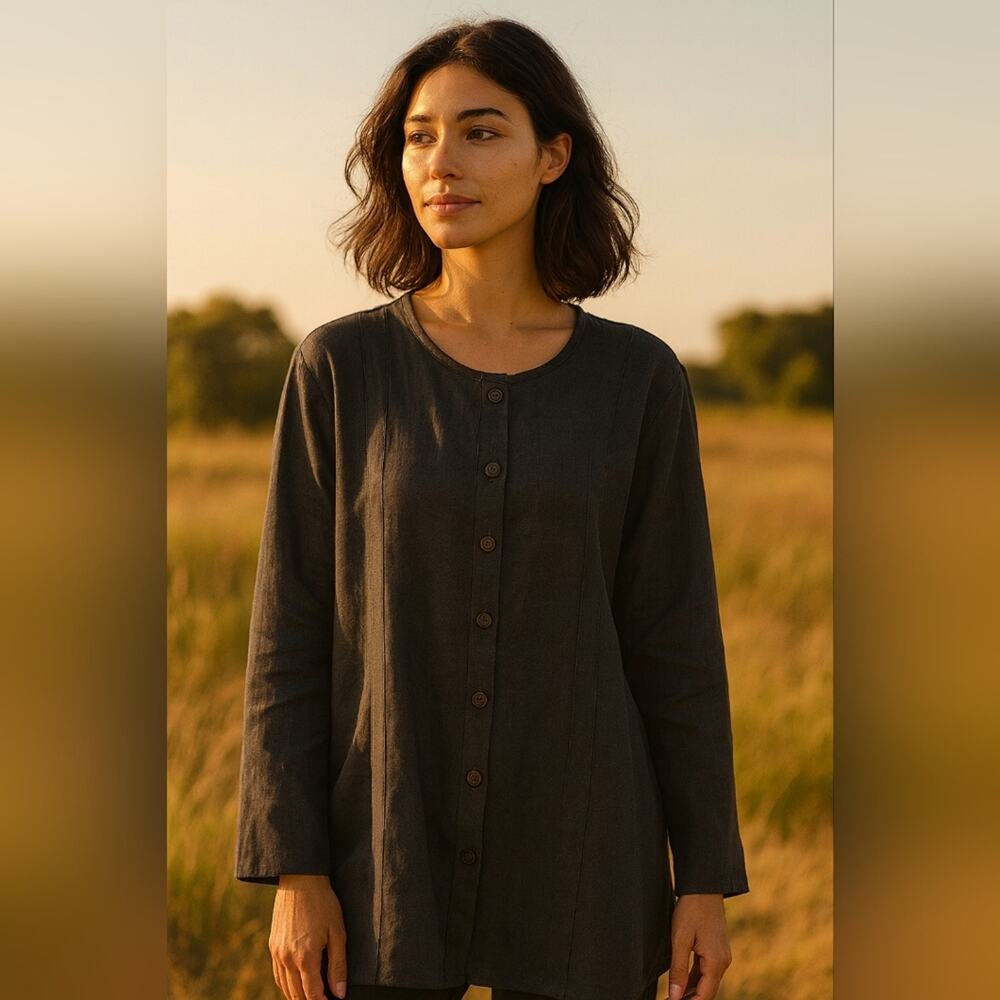 Flax 100% Linen Soft Black Button-Down Women's Tunic Sz. M #1990